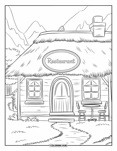 Coloriage de bâtiment pour enfants : Un restaurant en bois avec un toit de chaume, une table en terrasse et des plantes près de l'entrée