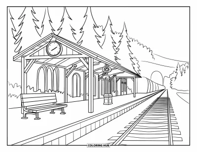 Coloriage de bâtiment pour enfants : Une gare en bois avec vue sur la forêt et une voie ferrée s'étendant au loin