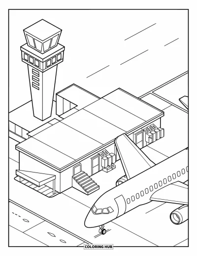Coloriage de bâtiment pour enfants : Un terminal d'aéroport avec un avion, une haute tour de contrôle et des marquages au sol en béton