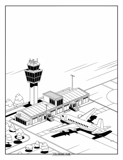 Coloriage de bâtiment pour enfants : Un aéroport avec une tour de contrôle, un avion garé, des arbres et un ciel ouvert