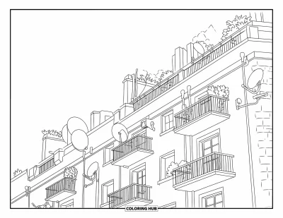 Coloriage de bâtiment pour enfants : Un immeuble d'appartements avec des rambardes, des antennes paraboliques et des plantes sur le toit