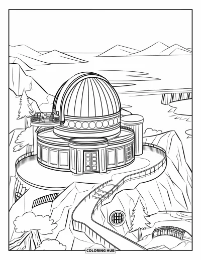Coloriage de bâtiment pour enfants : Un observatoire avec un toit en dôme, un chemin sinueux et des montagnes au bord d'un lac tranquille