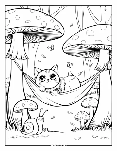 Coloriage apaisant pour adultes : Un chat en pull se détend dans un hamac champignon pendant que des papillons dérivent tout autour