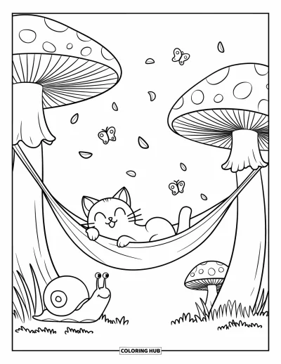 Coloriage apaisant pour adultes : Un chat se prélasse dans un hamac entre de grands champignons, avec des papillons et un escargot souriant