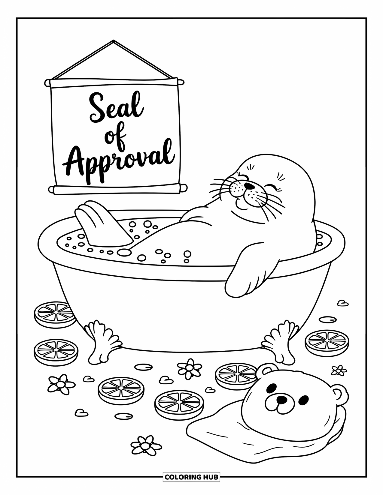 Calming Coloring Page for Adults: A chubby seal soaks in a citrus bath with petals, bubbles, and cozy decor