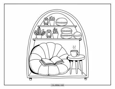 Coloriage apaisant pour adultes : Un coin de lecture confortable avec du thé, des coussins et une étagère pleine de décorations ludiques