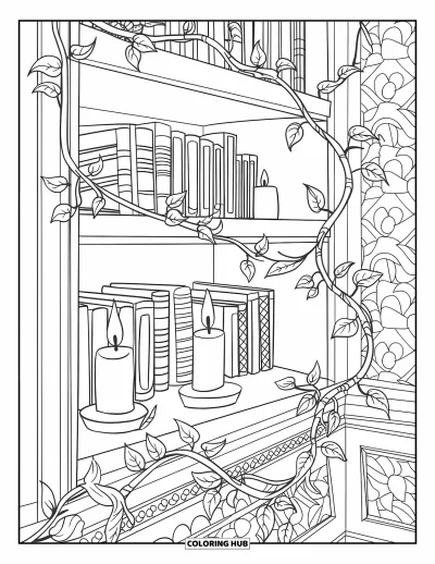 Coloriage apaisant pour adultes : Une étagère chaleureuse avec des bougies, des livres et des lianes enroulées autour