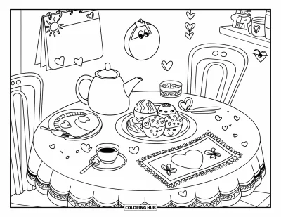 Coloriage apaisant pour adultes : Une petite table pour une personne avec du thé, des douceurs et de joyeux petits détails