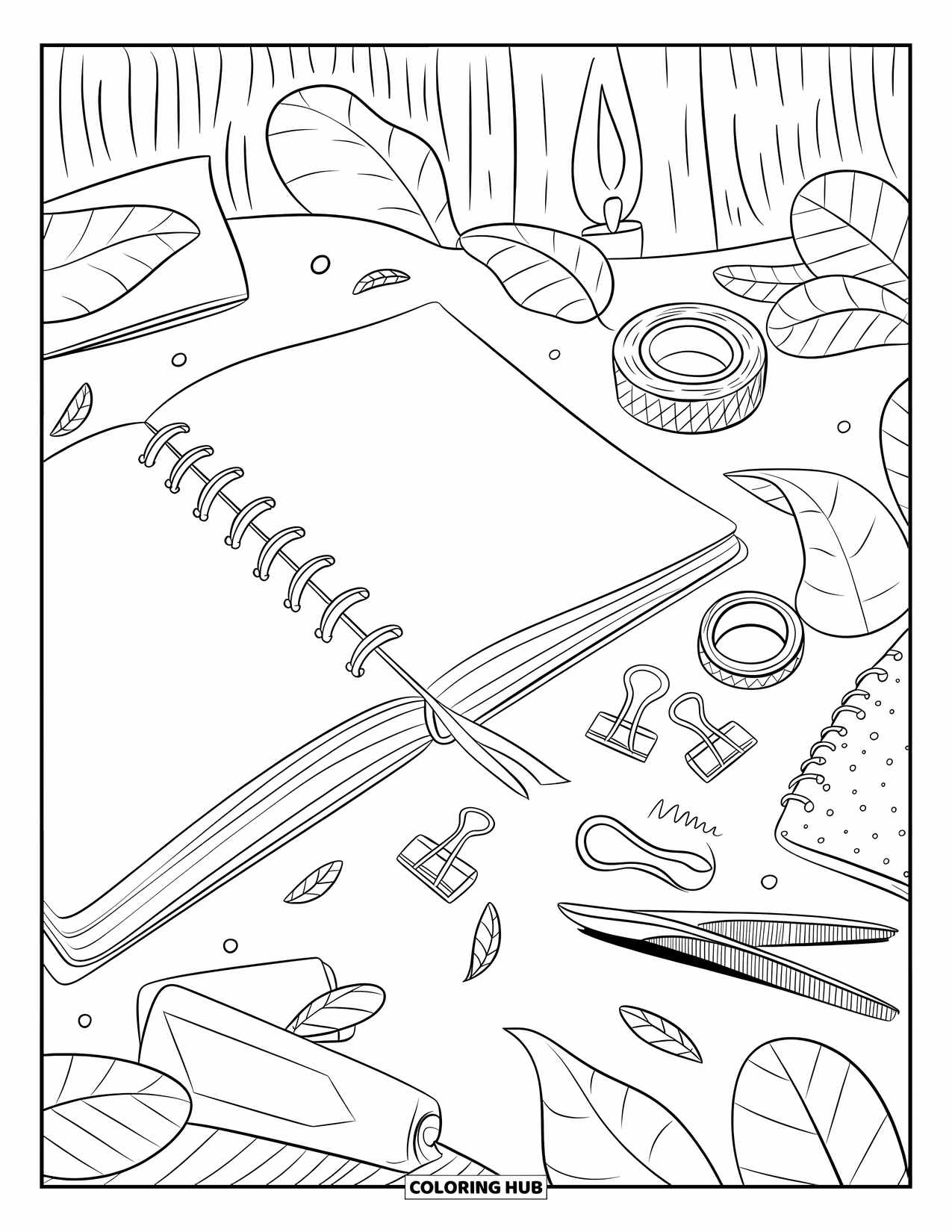 Calming Coloring Page for Adults: A peaceful journal scene with washi tape, scissors, and a soft candle glow