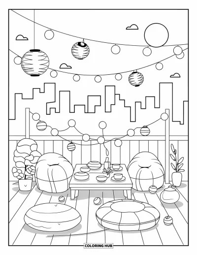 Coloriage apaisant pour adultes : Une scène sur un toit-terrasse avec du thé, des coussins, des lanternes et un ciel nocturne serein
