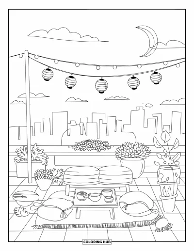 Coloriage apaisant pour adultes : Une table de thé sur un toit-terrasse, un coussin de sol, des guirlandes lumineuses et des lanternes flottent en hauteur