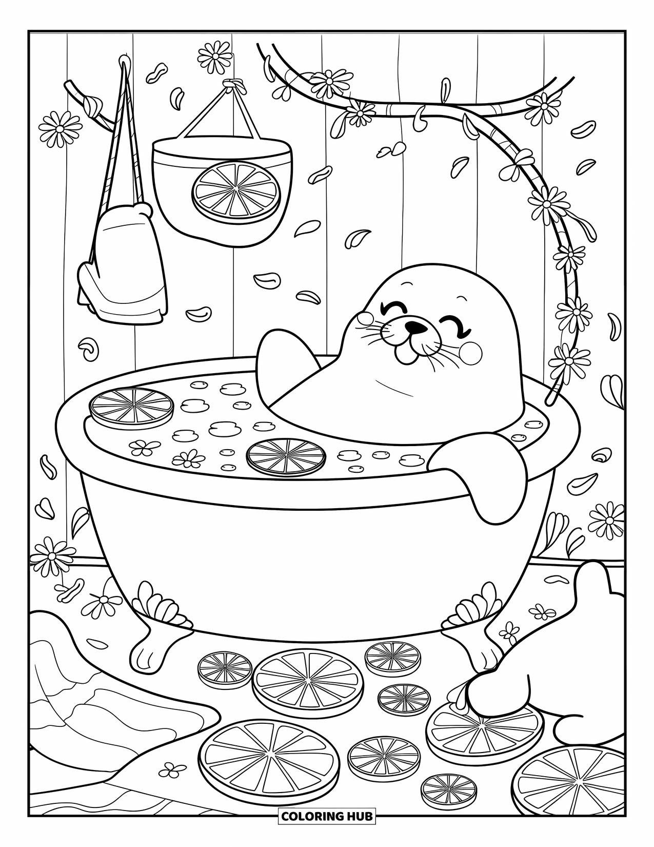 Calming Coloring Page for Adults: A seal in a warm bath with bubbles, flower petals, and cozy little touches