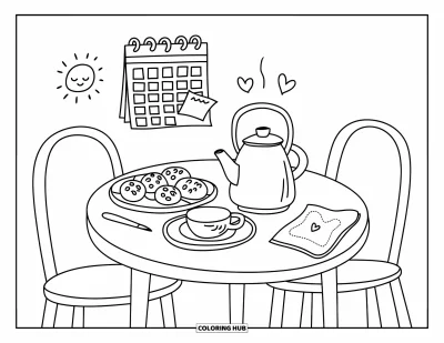 Coloriage apaisant pour adultes : Un couvert avec du thé, des pâtisseries et un joyeux calendrier ensoleillé à proximité