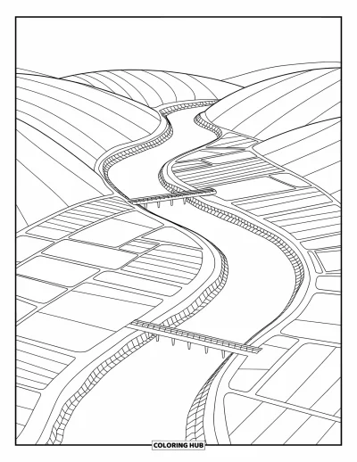 Coloriage apaisant pour adultes : Une rivière sinueuse coule à travers des champs et des ponts avec des collines au loin