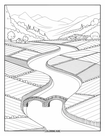 Coloriage apaisant pour adultes : Une rivière sinueuse traverse des champs en patchwork, des ponts et un arrière-plan de montagnes