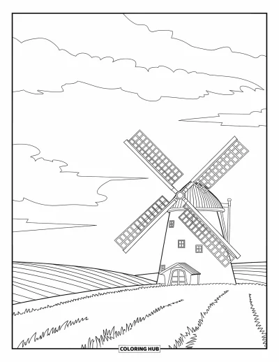 Coloriage apaisant pour adultes : Un moulin à vent se dresse sur de douces collines sous un ciel parsemé de nuages