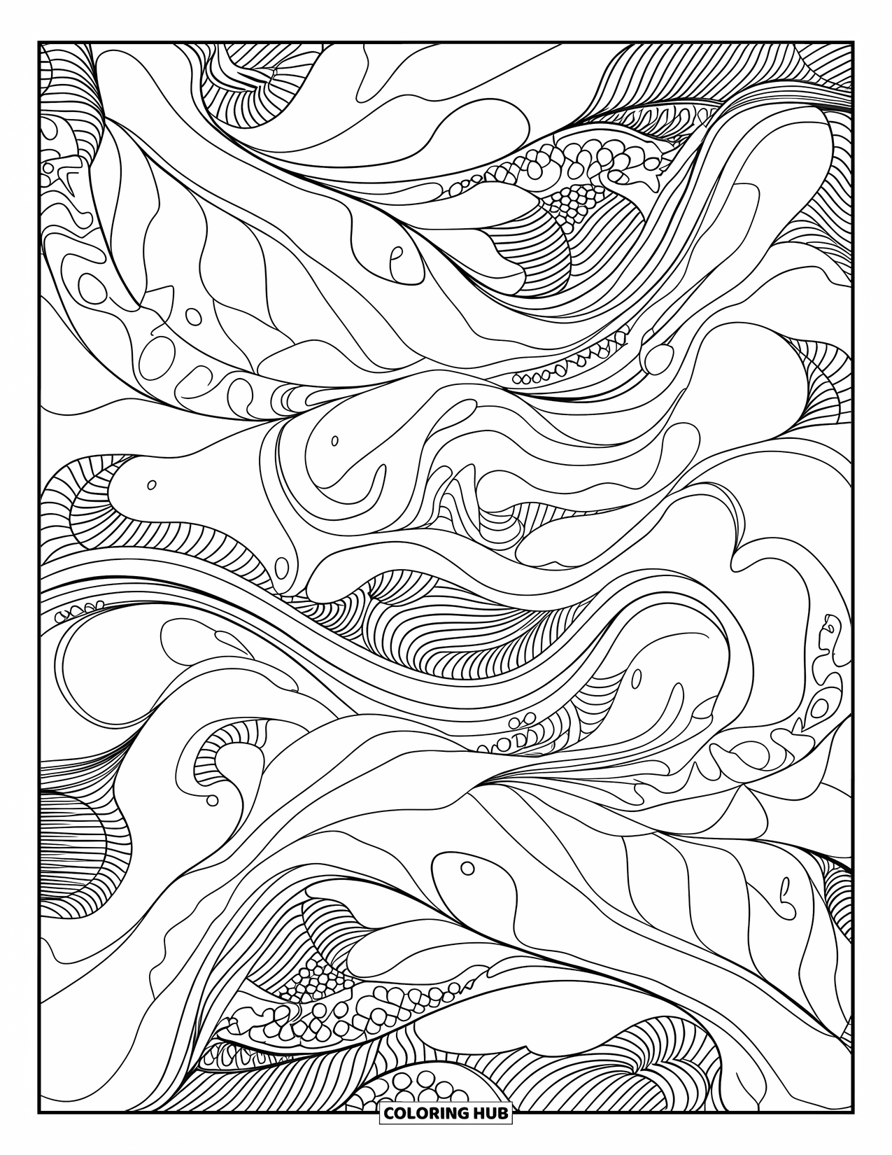 Calming Coloring Page for Adults: Abstract design of vines, petals, and waves with intricate flowing patterns