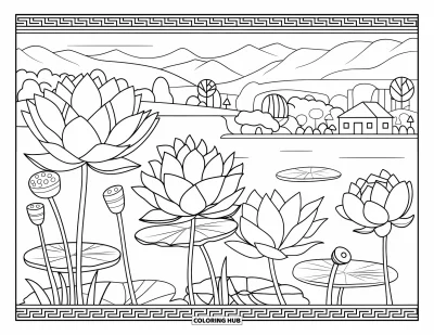 Coloriage apaisant pour adultes : Des fleurs de lotus en pleine floraison flottent sur un étang avec des montagnes et des arbres en arrière-plan