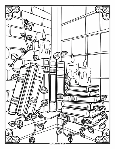 Coloriage apaisant pour adultes : Des livres, des bougies et des lianes disposés avec soin sur un coin bibliothèque détaillé