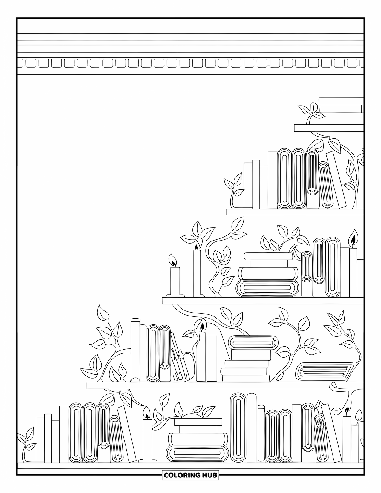 Calming Coloring Page for Adults: Bookshelf corner filled with stacked books, glowing candles, and leafy vines