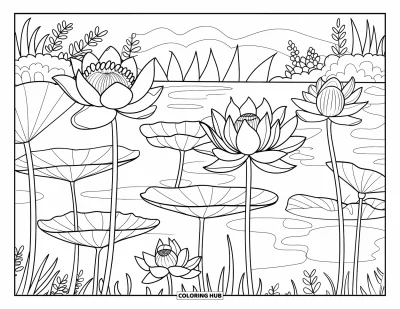 Coloriage apaisant pour adultes : Un étang calme avec des fleurs de lotus épanouies aux pétales ornés et un décor serein