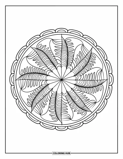 Coloriage apaisant pour adultes : Mandala circulaire avec des feuilles de fougère et des courbes géométriques encadré d'une bordure