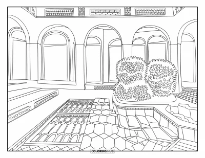 Coloriage apaisant pour adultes : Une cour intérieure avec des carrelages ornés, une fontaine en bambou et des bancs paisibles