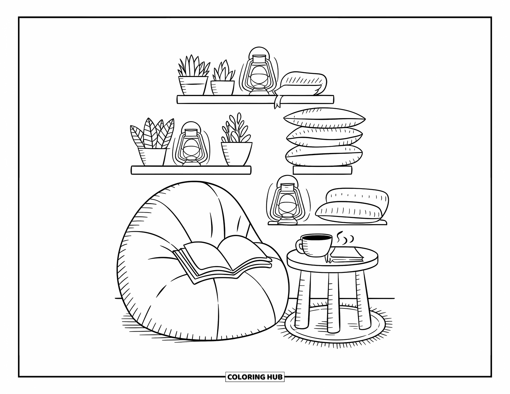 Calming Coloring Page for Adults: Cozy corner with a beanbag, tea, books, and shelves of little treasures