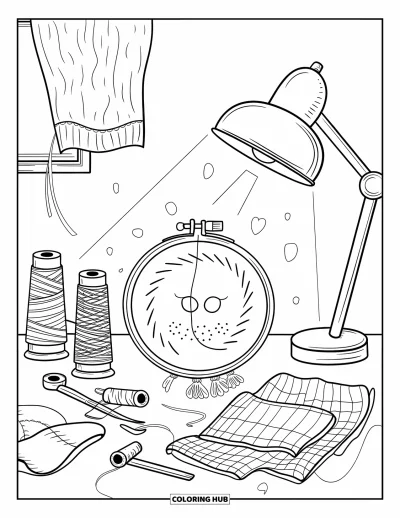 Coloriage apaisant pour adultes : Un coin créatif avec de la broderie, des fils et une atmosphère douce et inspirante