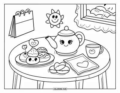 Coloriage apaisant pour adultes : Une jolie mise en scène du thé avec des pâtisseries, une serviette en cœur et un calendrier souriant sur le mur