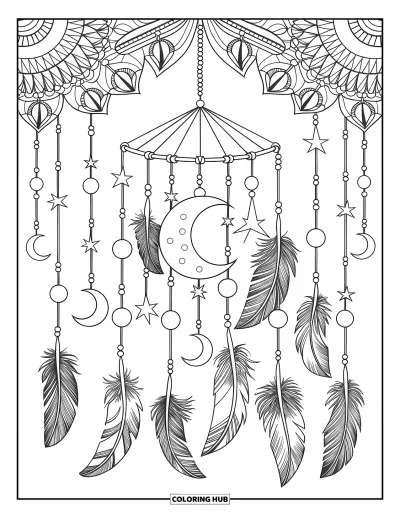 Coloriage apaisant pour adultes : Un mobile avec des plumes et des lunes pend délicatement dans un air immobile