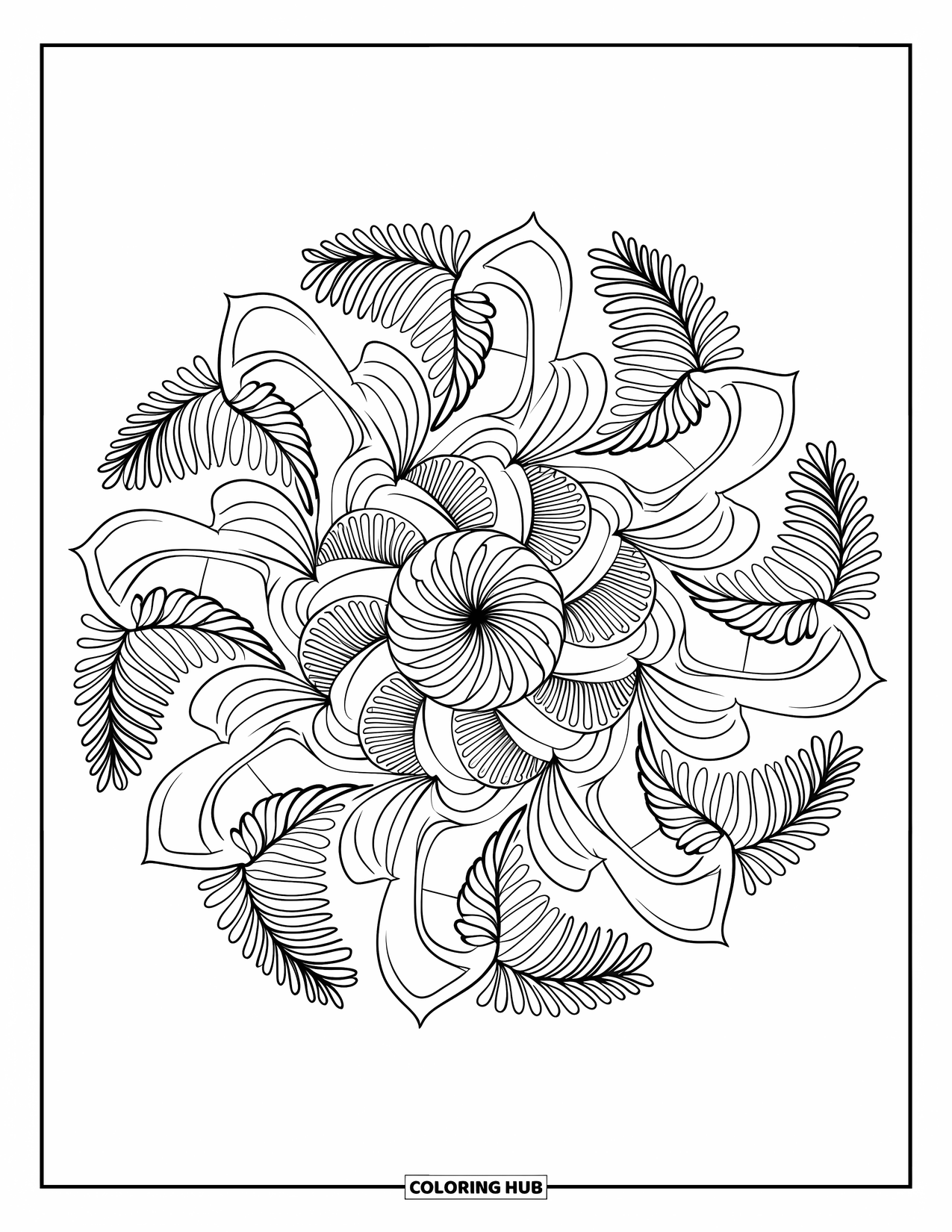 Calming Coloring Page for Adults: Fern-leaf mandala with geometric curves and detailed artistic elements