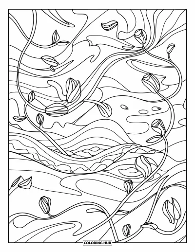 Coloriage apaisant pour adultes : Composition abstraite de lianes, de pétales et de vagues au rythme paisible