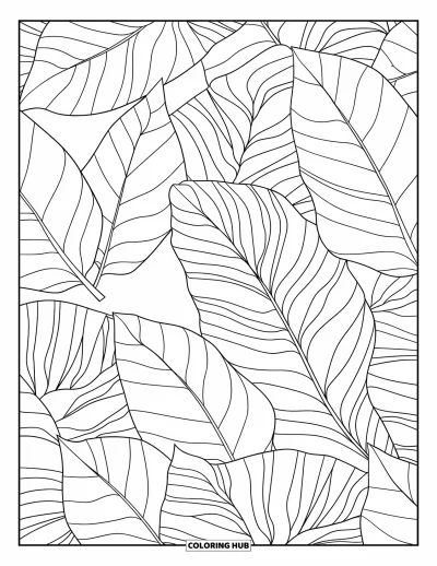 Coloriage apaisant pour adultes : De grandes feuilles tropicales forment un mur orné de motifs aux détails minutieux