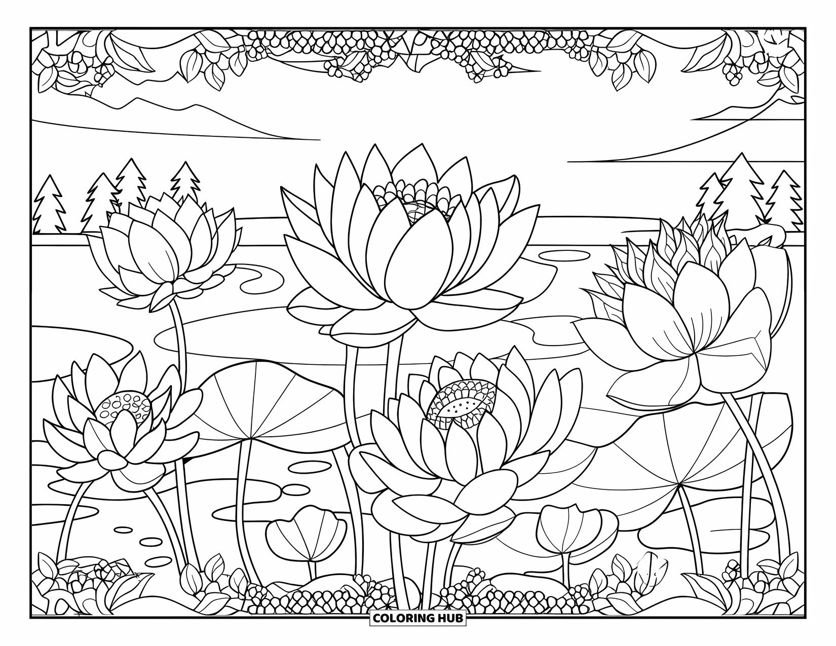 Calming Coloring Page for Adults: Lotus flowers bloom on a mirrored pond surrounded by trees, mountains, and borders