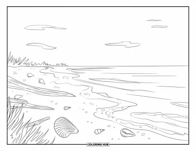 Coloriage apaisant pour adultes : Un rivage à marée basse avec du bois flotté, des coquillages et de douces vagues sous un ciel paisible
