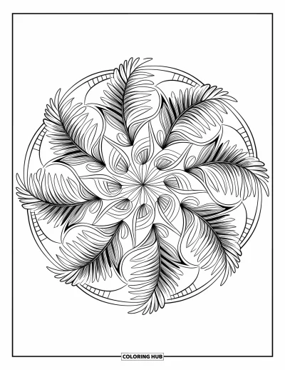 Coloriage apaisant pour adultes : Mandala de feuilles de fougère et de courbes aux motifs détaillés et relaxants