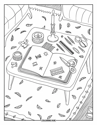 Coloriage apaisant pour adultes : Un carnet, du washi tape, des ciseaux et des feuilles composent une scène de journal intime doucement éclairée