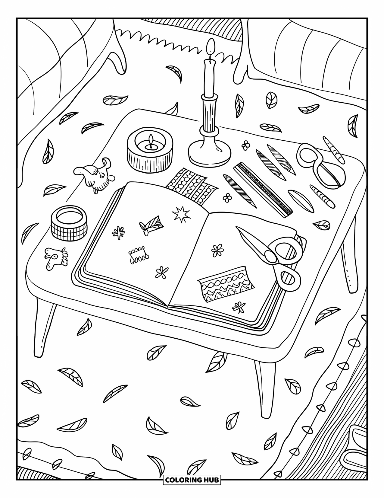 Calming Coloring Page for Adults: Notebook, washi tape, scissors, and leaves fill a softly lit journaling scene