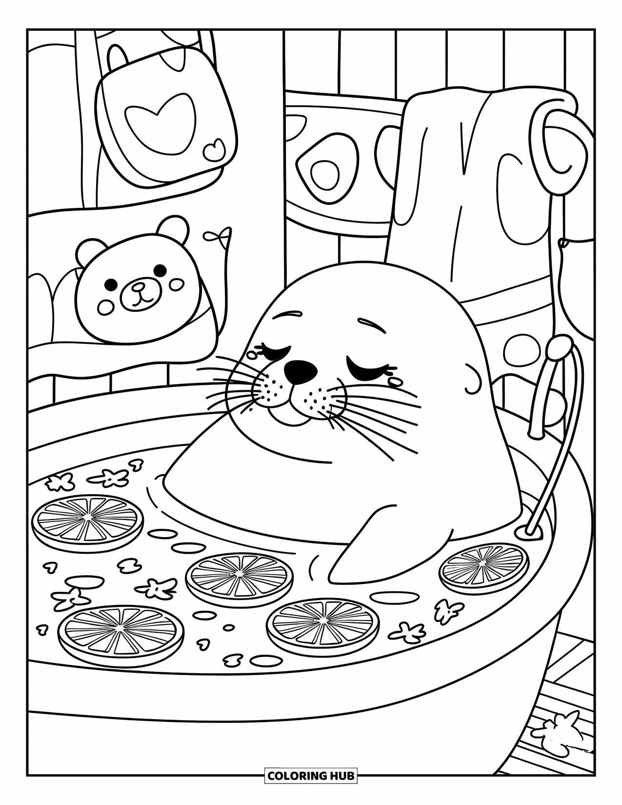 Calming Coloring Page for Adults: Relaxing seal in a bubbly citrus bath with flowers and a bear-shaped towel