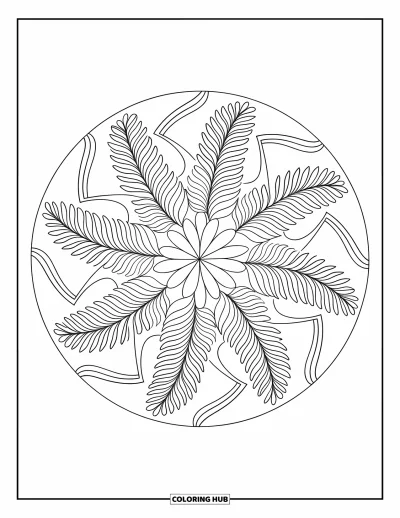 Coloriage apaisant pour adultes : Mandala symétrique de feuilles de fougère et de courbes aux lignes nettes et fluides
