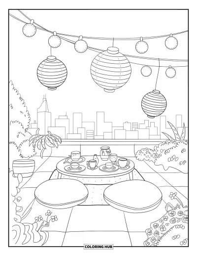 Coloriage apaisant pour adultes : Du thé sur un toit-terrasse avec des guirlandes lumineuses, des lanternes et une vue calme sur la ville