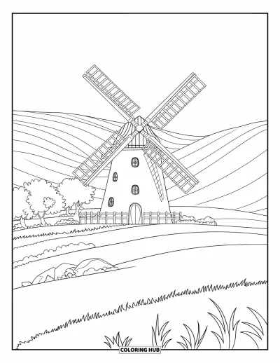 Coloriage apaisant pour adultes : Un moulin à vent au toit de chaume tourne doucement près d'arbres et de rochers dans un champ ouvert