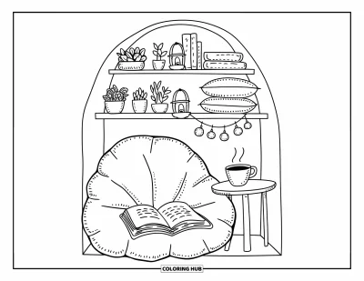 Coloriage apaisant pour adultes : Un petit coin lecture avec du thé, des plantes, des coussins et un confortable pouf