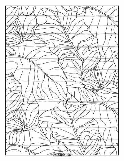 Coloriage apaisant pour adultes : Des motifs de feuilles tropicales aux nervures détaillées couvrent toute la page