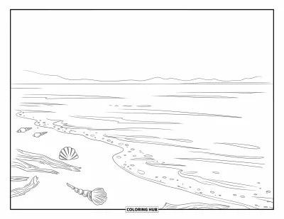 Coloriage apaisant pour adultes : Des vagues touchent doucement un rivage jonché de coquillages, de bois flotté et d'un horizon lointain