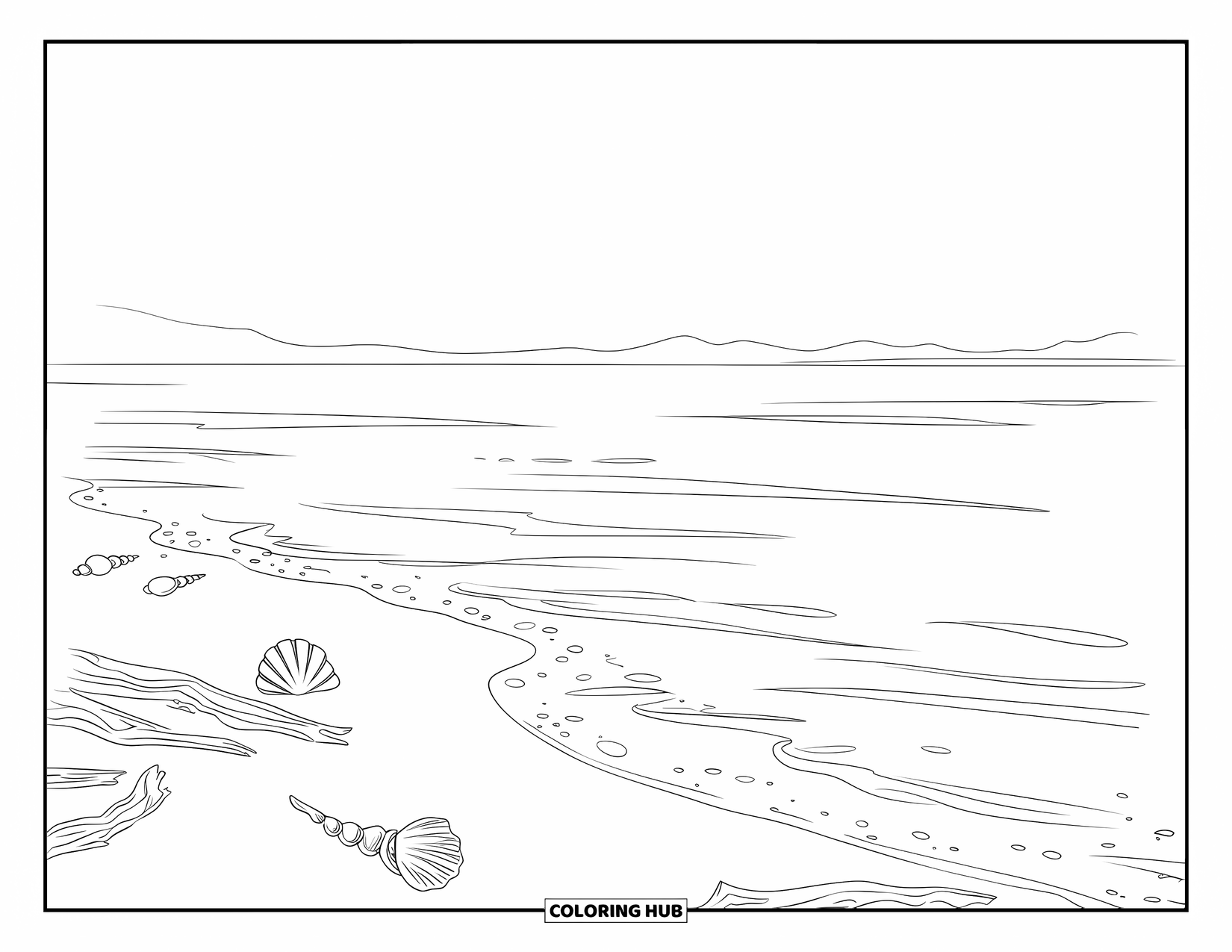 Calming Coloring Page for Adults: Waves softly touch a shore filled with seashells, driftwood, and a distant horizon