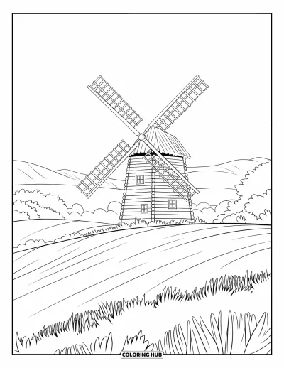 Coloriage apaisant pour adultes : Un moulin à vent en rondins se dresse dans un champ entouré d'arbres et de collines au loin