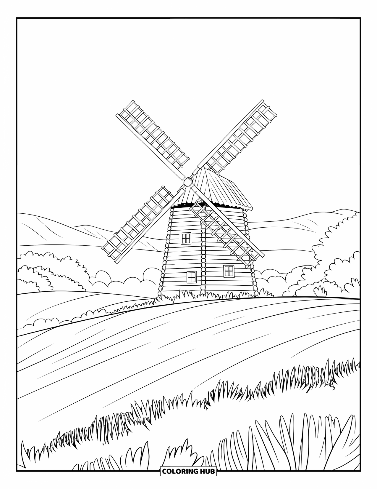 Calming Coloring Page for Adults: Windmill made of logs stands in a field surrounded by trees and distant hills