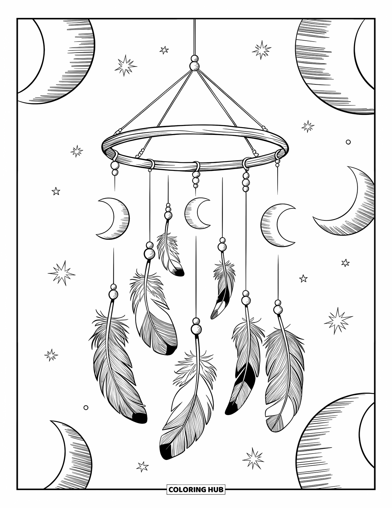 Calming Coloring Page for Adults: Wooden mobile with feathers, beads, and moons drifts in quiet air